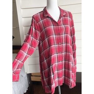 J. Jill L Red Mixed Plaid 100% Rayon Button Front Tunic Shirt Pockets Cabin core